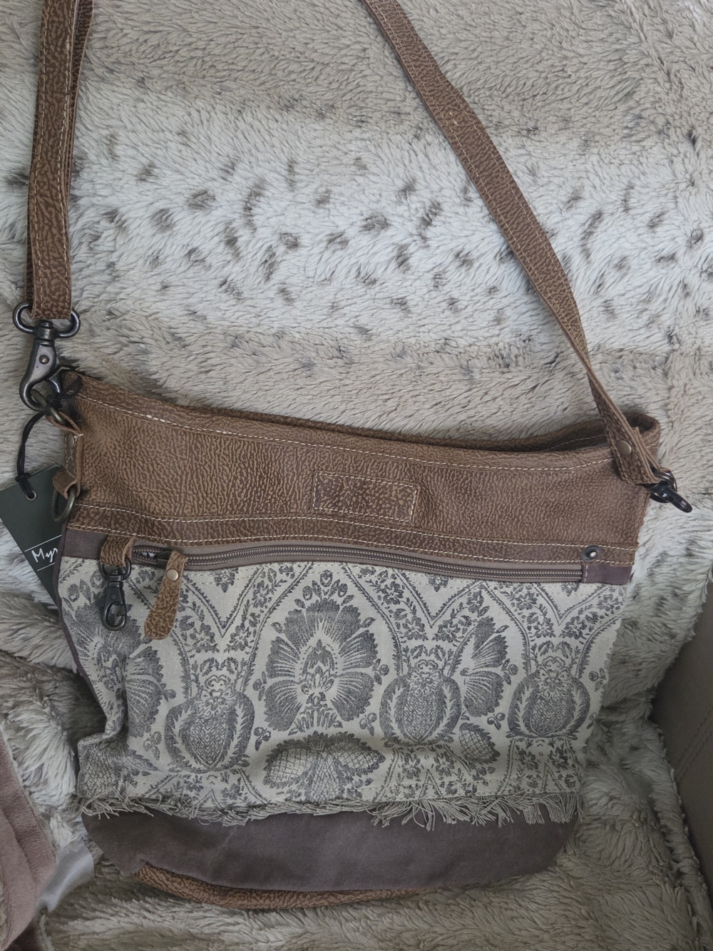 Myra Canvas and Brown Leather Crossbody Bag